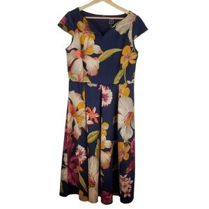 Rmll 10 Fit & flare floral dress Cap sleeves Midi Notched‎ Neck Hidden zipper